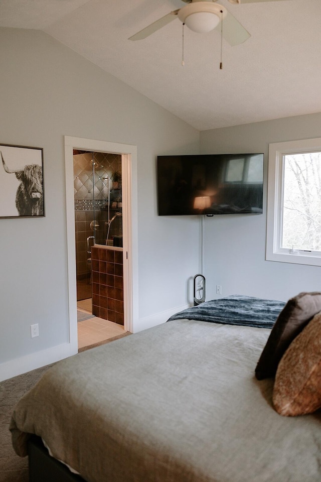 bedroom featuring lofted ceiling, carpet, ceiling fan, and baseboards