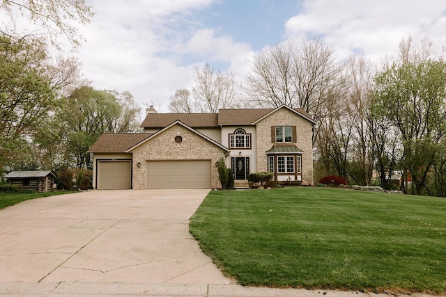 traditional-style house featuring an attached garage, concrete driveway, a front yard, and brick siding