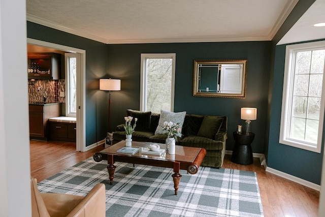 living room with baseboards, crown molding, and wood finished floors