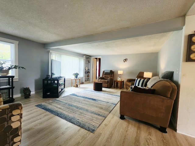 3034 Royalton Heights Rd, Saint Joseph, MI 49085 - living area featuring a textured ceiling, wood finished floors, plenty of natural light, beam ceiling, and baseboards
