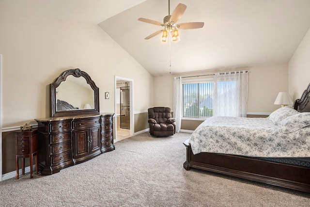 55796 Caesars Dr, Shelby Twp, MI 48315 - bedroom featuring carpet flooring, vaulted ceiling, baseboards, ensuite bathroom, and a ceiling fan
