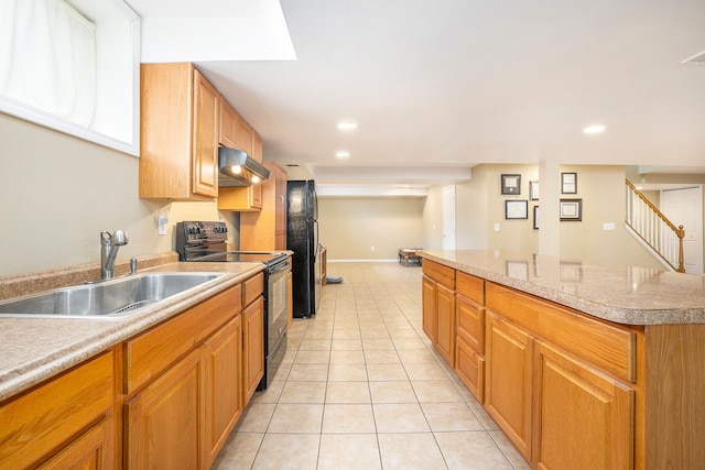 55796 Caesars Dr, Shelby Twp, MI 48315 - kitchen with black / electric stove, exhaust hood, a sink, light tile patterned flooring, and a center island