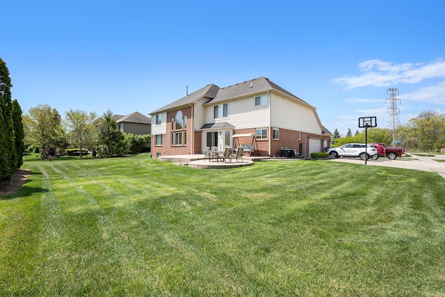 55796 Caesars Dr, Shelby Twp, MI 48315 - rear view of house with brick siding, a garage, a yard, and central air condition unit