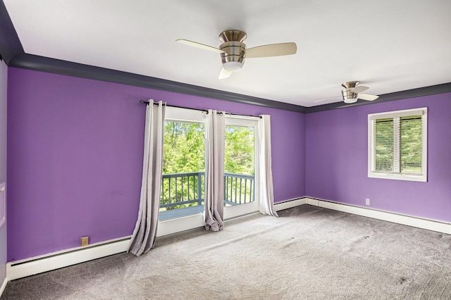 8411 Jordan Rd, Grand Blanc, MI 48439 - empty room featuring a baseboard heating unit, ceiling fan, healthy amount of natural light, and carpet