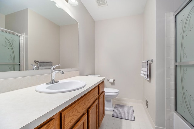860 Woodhaven Dr, Commerce Twp, MI 48390 - bathroom featuring a shower with shower door, toilet, vanity, tile patterned flooring, and baseboards