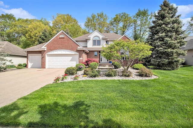 454 Breconshire Dr, Saline, MI 48176 - traditional home with a garage, a front yard, concrete driveway, brick siding, and a shingled roof
