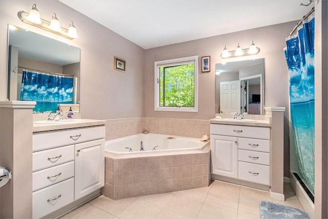 454 Breconshire Dr, Saline, MI 48176 - bathroom with tile patterned floors, two vanities, a garden tub, and a shower with shower curtain