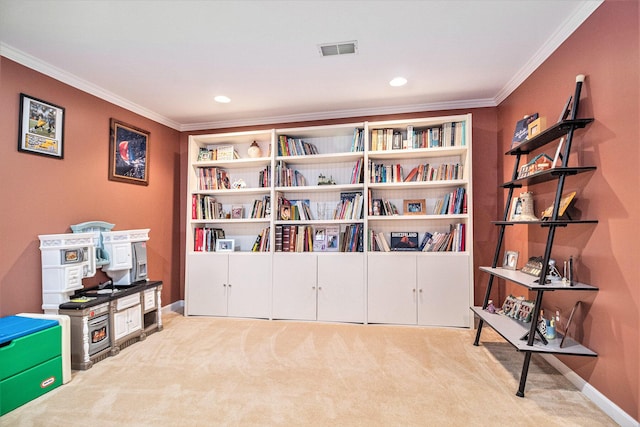 454 Breconshire Dr, Saline, MI 48176 - living area with crown molding, carpet, baseboards, and recessed lighting