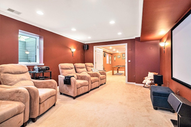 454 Breconshire Dr, Saline, MI 48176 - cinema room with light colored carpet, crown molding, recessed lighting, and baseboards
