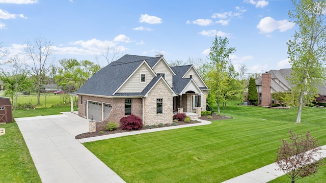 view of front facade featuring concrete driveway, a shingled roof, stone siding, and an attached garage
