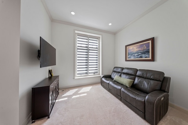 living room featuring crown molding, light carpet, and baseboards