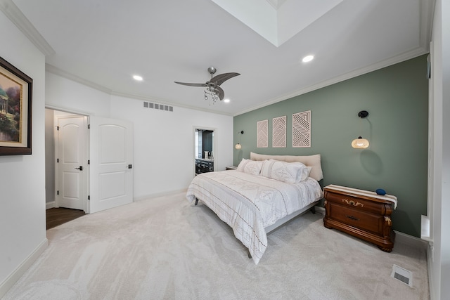 bedroom with crown molding, carpet flooring, recessed lighting, a skylight, and baseboards