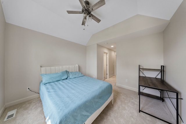 bedroom featuring light colored carpet, lofted ceiling, baseboards, a ceiling fan, and recessed lighting