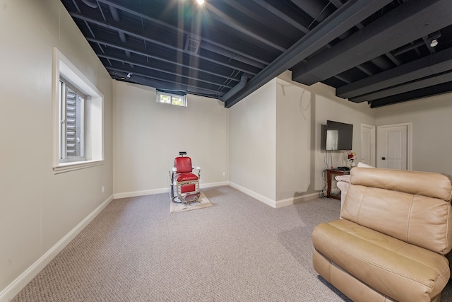 living area with carpet floors and baseboards