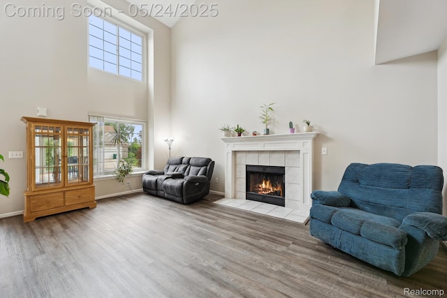7366 Meadow Ln, Ypsilanti, MI 48197 - sitting room featuring wood finished floors, a high ceiling, a fireplace, and baseboards