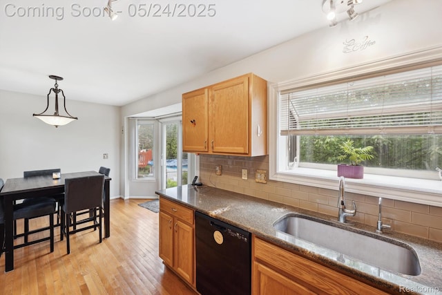 7366 Meadow Ln, Ypsilanti, MI 48197 - kitchen with black dishwasher, a sink, decorative backsplash, light wood-style floors, and decorative light fixtures
