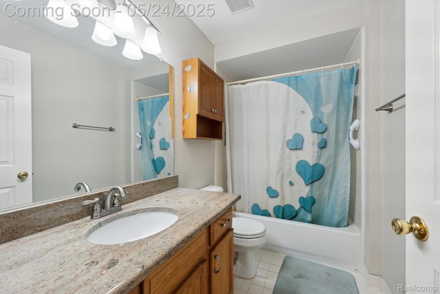 7366 Meadow Ln, Ypsilanti, MI 48197 - full bath featuring toilet, vanity, shower / tub combo with curtain, and tile patterned flooring