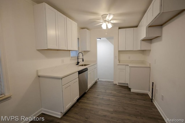 20484 Roscommon St, Harper Woods, MI 48225 - kitchen featuring dishwasher, a sink, a ceiling fan, white cabinetry, and dark wood finished floors