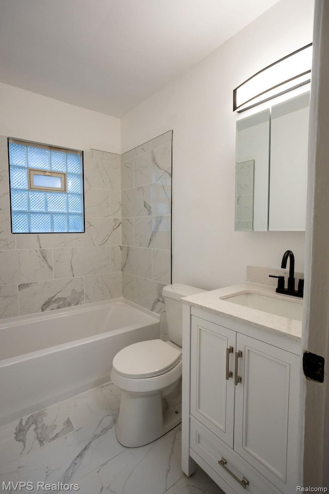 20484 Roscommon St, Harper Woods, MI 48225 - bathroom with toilet, vanity, marble look tile flooring, and washtub / shower combination