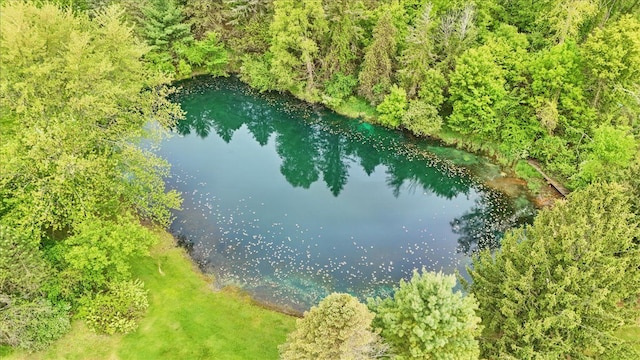 bird's eye view of a nearby body of water and a heavily wooded area