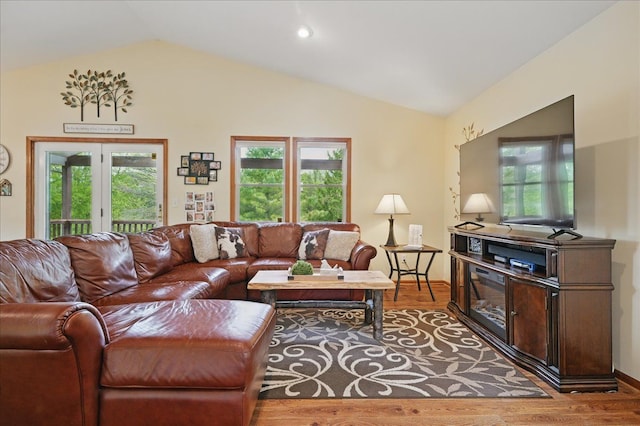 living area featuring wood finished floors, lofted ceiling, healthy amount of natural light, and baseboards