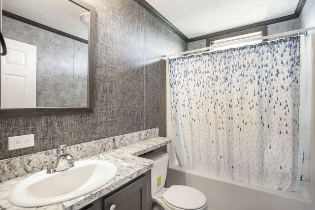 bathroom with a textured ceiling, toilet, vanity, ornamental molding, and shower / bath combo