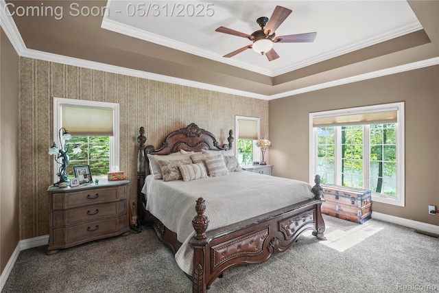 3074 Pond Rd, Leonard, MI 48367 - bedroom with a tray ceiling, carpet flooring, baseboards, ornamental molding, and ceiling fan