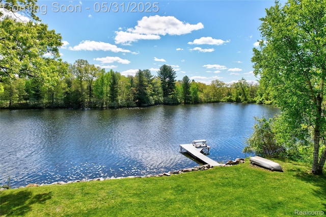 3074 Pond Rd, Leonard, MI 48367 - dock area with a water view, a lawn, and a forest view