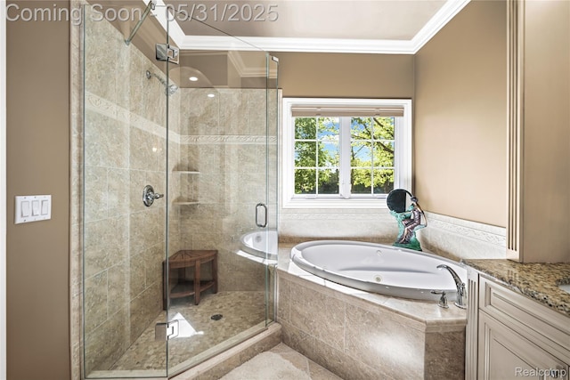 3074 Pond Rd, Leonard, MI 48367 - bathroom featuring a jetted tub, ornamental molding, a stall shower, and vanity