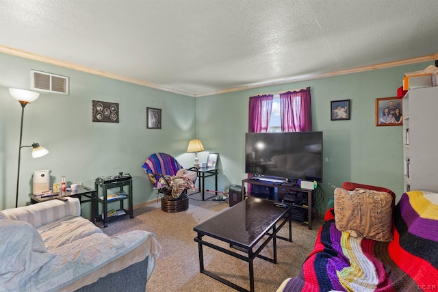 5309 Treat Hwy, Adrian, MI 49221 - living room with ornamental molding, a textured ceiling, and carpet flooring