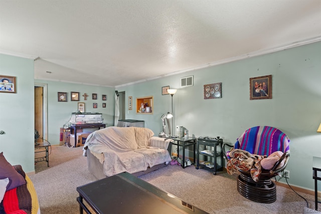 5309 Treat Hwy, Adrian, MI 49221 - living room with crown molding, carpet, and a textured ceiling