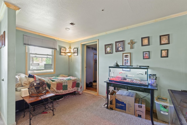 5309 Treat Hwy, Adrian, MI 49221 - carpeted bedroom featuring ornamental molding, a textured ceiling, and baseboards