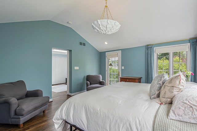 2124 Brockman Blvd, Ann Arbor, MI 48104 - bedroom featuring vaulted ceiling, dark wood-style flooring, access to exterior, baseboards, and recessed lighting