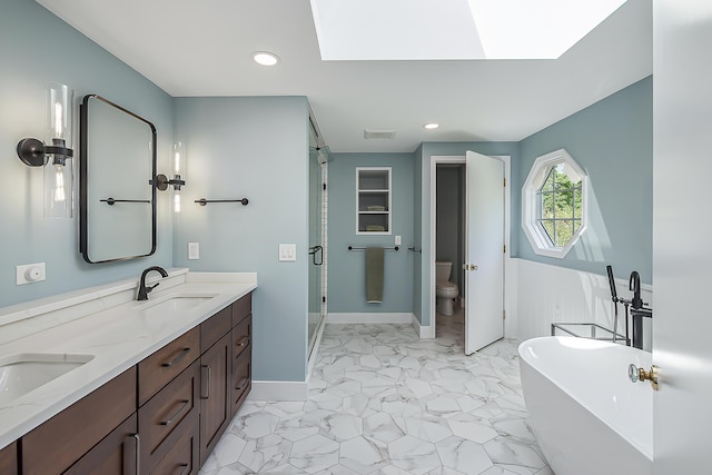 2124 Brockman Blvd, Ann Arbor, MI 48104 - bathroom with marble look tiles, baseboards, a shower stall, recessed lighting, and a freestanding bath