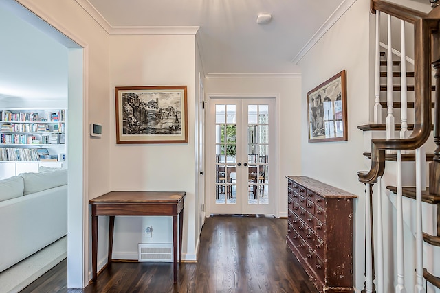 2124 Brockman Blvd, Ann Arbor, MI 48104 - foyer featuring french doors, crown molding, dark wood-style floors, stairs, and baseboards