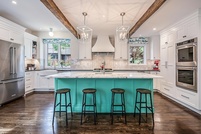 2124 Brockman Blvd, Ann Arbor, MI 48104 - kitchen with stainless steel appliances, premium range hood, beam ceiling, a sink, and plenty of natural light