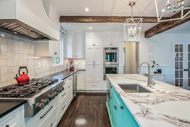 2124 Brockman Blvd, Ann Arbor, MI 48104 - kitchen featuring custom range hood, a sink, appliances with stainless steel finishes, dark wood-type flooring, and beam ceiling