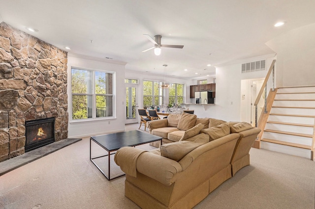 3203 Asher Rd, Ann Arbor, MI 48104 - living room with light carpet, ceiling fan, plenty of natural light, and recessed lighting