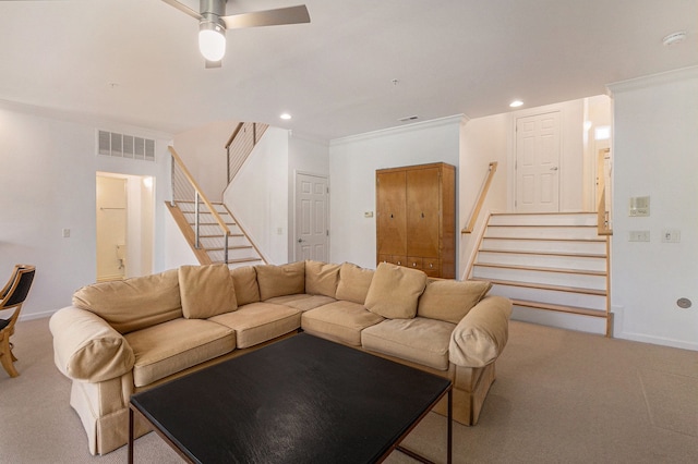 3203 Asher Rd, Ann Arbor, MI 48104 - living area with stairway, carpet, ceiling fan, recessed lighting, and baseboards