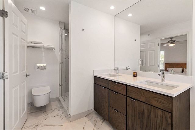 3203 Asher Rd, Ann Arbor, MI 48104 - ensuite bathroom with toilet, a stall shower, double vanity, recessed lighting, and a ceiling fan