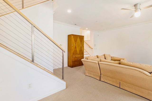 3203 Asher Rd, Ann Arbor, MI 48104 - living room featuring stairs, light carpet, ornamental molding, recessed lighting, and a ceiling fan