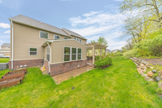 rear view of house featuring a pergola, a yard, cooling unit, a garden, and a patio
