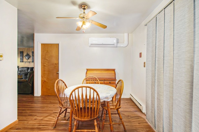 102 Franklin St, Holly, MI 48442 - dining space with a baseboard radiator, a wall mounted AC, wood finished floors, and ceiling fan