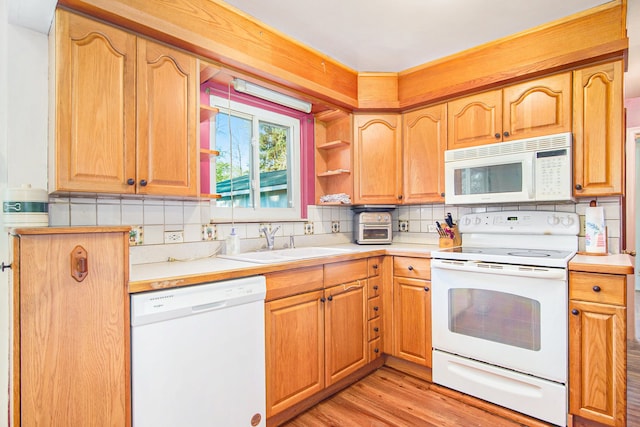 102 Franklin St, Holly, MI 48442 - kitchen with white appliances, a sink, open shelves, and light countertops