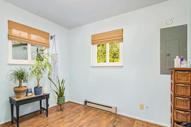 102 Franklin St, Holly, MI 48442 - living area featuring electric panel, baseboard heating, wood finished floors, and baseboards