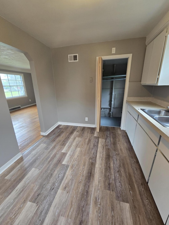915 Cleophus Pkwy, Lincoln Park, MI 48146 - kitchen with a sink, arched walkways, wood finished floors, light countertops, and baseboards