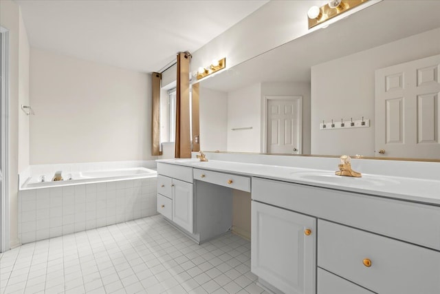 full bathroom with tile patterned floors, double vanity, and a garden tub