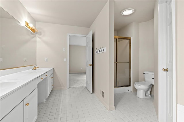 full bathroom with toilet, a shower stall, double vanity, and tile patterned floors