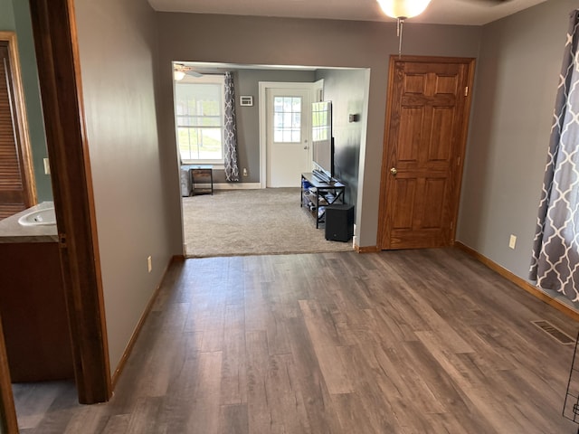 202 Kalamo St, Olivet, MI 49076 - entryway with ceiling fan, baseboards, and wood finished floors