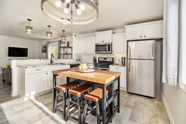 25808 Forest Ln, Mattawan, MI 49071 - kitchen featuring appliances with stainless steel finishes, a sink, a peninsula, wood counters, and light wood finished floors